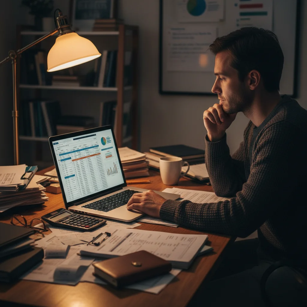 Pessoa planejando estratégias financeiras e tributárias em um laptop para o setor de serviços.