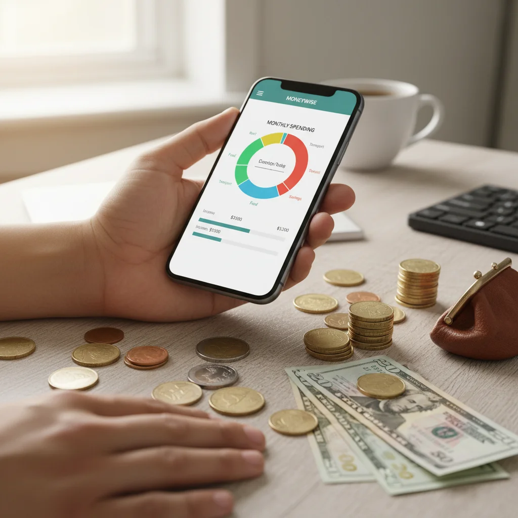 Mãos segurando um smartphone com aplicativo de orçamento, moedas e notas sobre a mesa.
