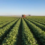 Exportações de Soja Disparam: Análise do Crescimento no Agronegócio Vasta plantação de soja verde sob céu azul, com colheitadeira moderna ao longe, simbolizando a força do agronegócio brasileiro.