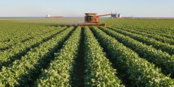 Vasta plantação de soja verde sob céu azul, com colheitadeira moderna ao longe, simbolizando a força do agronegócio brasileiro.