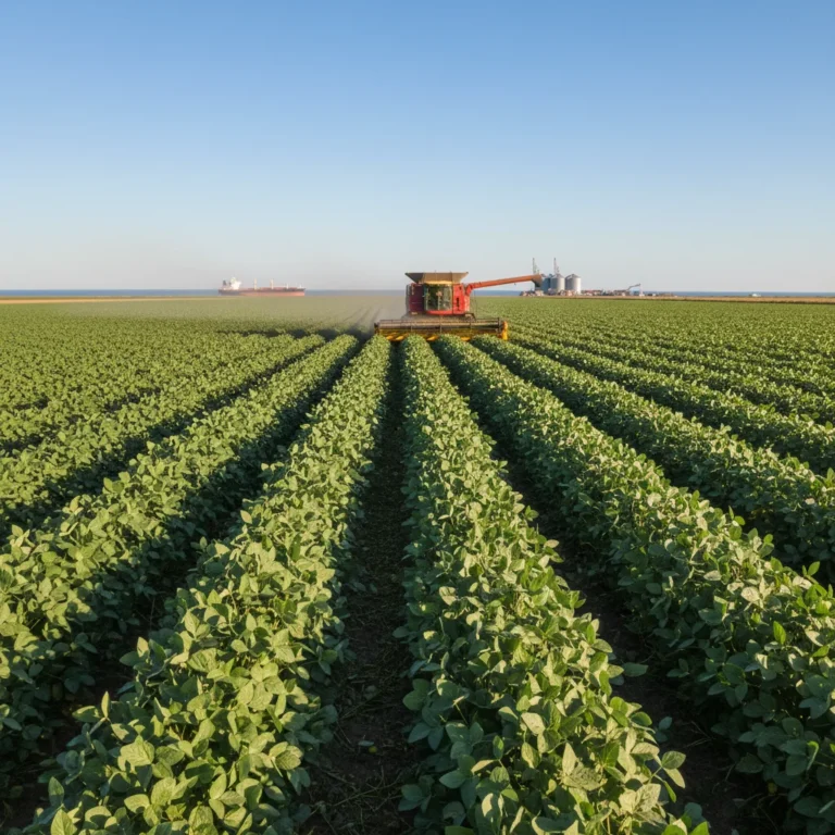Vasta plantação de soja verde sob céu azul, com colheitadeira moderna ao longe, simbolizando a força do agronegócio brasileiro.