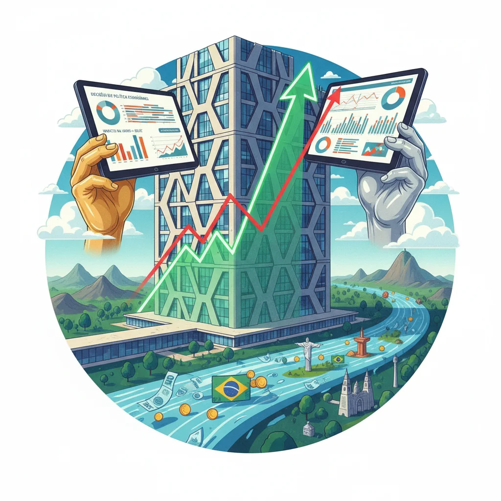 Edifício de banco central com gráficos financeiros, simbolizando a política monetária e seus efeitos no PIB.