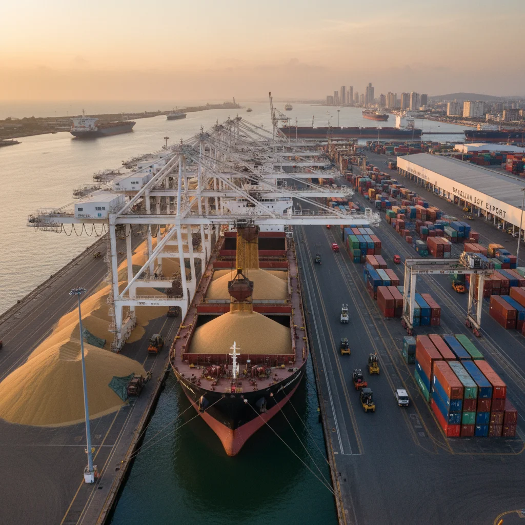 Navio cargueiro sendo carregado com soja em um porto movimentado, destacando a logística das exportações brasileiras.