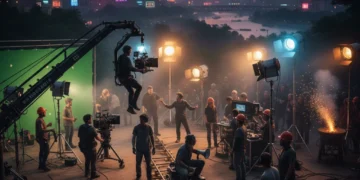Equipe de produção cinematográfica trabalhando em um set, com câmeras, luzes e atores, simbolizando o dinamismo do setor audiovisual.