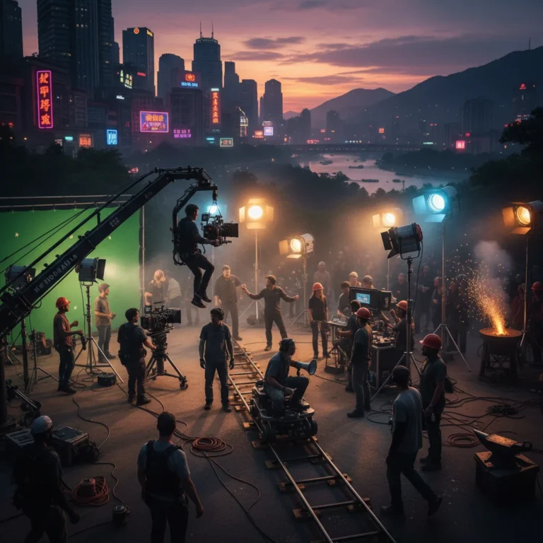 Equipe de produção cinematográfica trabalhando em um set, com câmeras, luzes e atores, simbolizando o dinamismo do setor audiovisual.