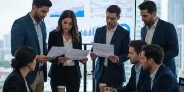 Profissionais de negócios discutindo documentos financeiros, representando o desafio da desoneração da folha de pagamento.