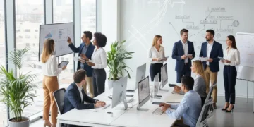 Profissionais diversos em ambiente de trabalho moderno, simbolizando o crescimento e as futuras oportunidades no mercado de trabalho.