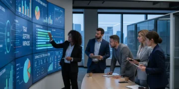 Profissionais de serviços analisando dados financeiros e gráficos sobre a reforma tributária.
