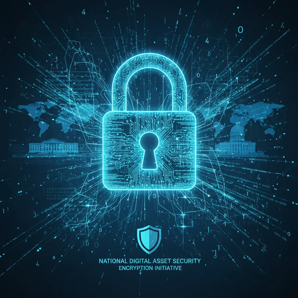 Cadeado digital azul cercado por códigos, simbolizando proteção de dados e criptografia em ações governamentais de cibersegurança.