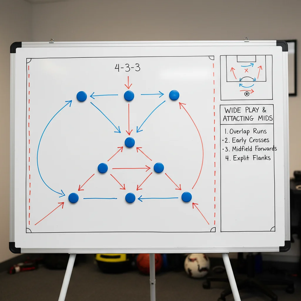 Quadro tático de futebol com a formação 4-3-3 e setas de movimentação ofensiva.