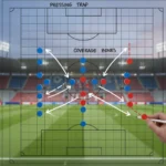 Análise Tática: Defesas Nacionais e Redução de Gols Sofridos Quadro tático de futebol com esquemas defensivos e marcadores de jogadores.
