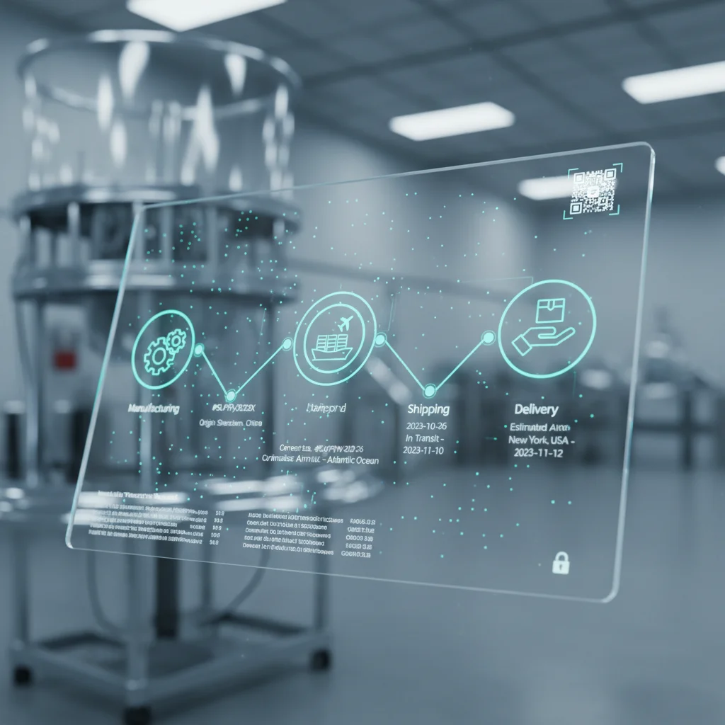 Registro digital transparente mostrando o rastreamento de um produto na cadeia de suprimentos