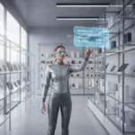 Realidade Aumentada: 6 Aplicações Práticas para 2024 Pessoa usando óculos de realidade aumentada em ambiente de compras, interagindo com produtos virtuais.
