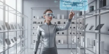 Pessoa usando óculos de realidade aumentada em ambiente de compras, interagindo com produtos virtuais.