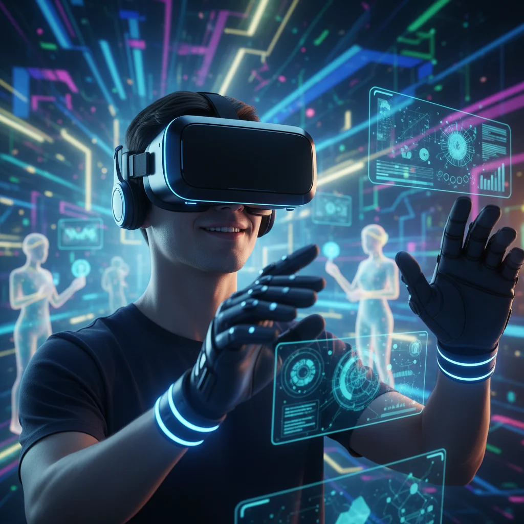 Usuário imerso em realidade virtual com headset, explorando um ambiente de metaverso.