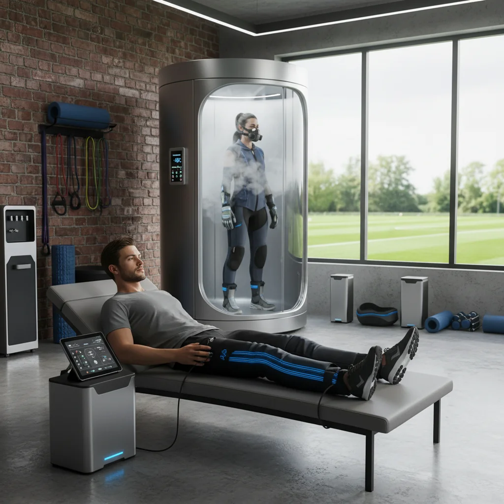 Atleta usando terapia de compressão inteligente para recuperação, com crioterapia ao fundo.