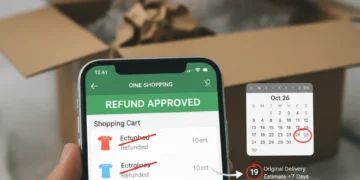 Tela de smartphone com notificação de reembolso aprovado e calendário indicando atraso de entrega
