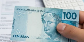 Mão segurando cédula de Real com calculadora e documentos fiscais ao fundo, simbolizando o impacto da reforma tributária no Brasil.