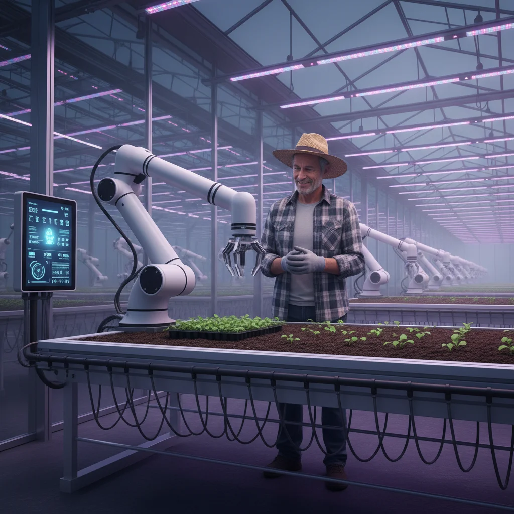 Robô agrícola plantando mudas em estufa moderna com supervisão humana
