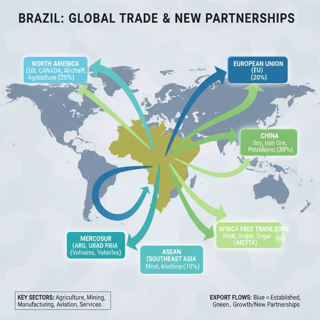 Infográfico de rotas comerciais e blocos econômicos, destacando exportações brasileiras.