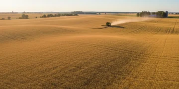 Vista aérea de uma vasta plantação de grãos dourados, com uma colheitadeira trabalhando ao fundo, simbolizando a riqueza do agronegócio brasileiro.