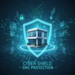 Segurança Cibernética PMEs: Reduza Riscos em 30 Dias Escudo digital protegendo um prédio de escritório de PME, simbolizando segurança cibernética para empresas.