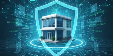 Escudo digital protegendo um prédio de escritório de PME, simbolizando segurança cibernética para empresas.
