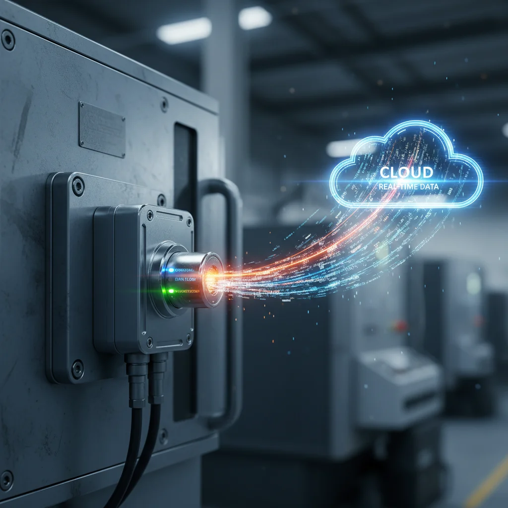 Sensor inteligente monitorando o desempenho de uma máquina industrial para manutenção preditiva.