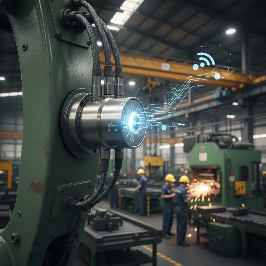 Sensor de IoT acoplado a uma máquina industrial, coletando dados em tempo real para otimização.