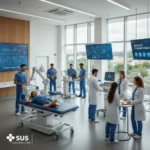 Tecnologias no SUS: Avanços no Tratamento de Doenças Crônicas Profissionais de saúde usando equipamentos médicos avançados em um ambiente de saúde pública, representando a inovação no tratamento de doenças crônicas no SUS.