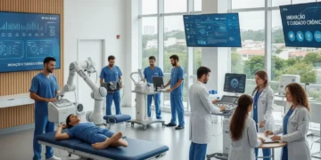 Profissionais de saúde usando equipamentos médicos avançados em um ambiente de saúde pública, representando a inovação no tratamento de doenças crônicas no SUS.