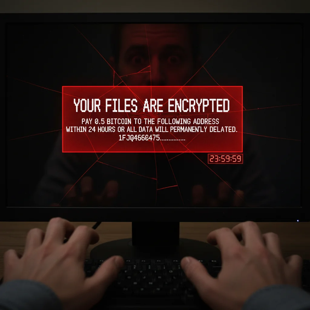 Mensagem de ransomware em tela de computador, indicando um ataque cibernético.