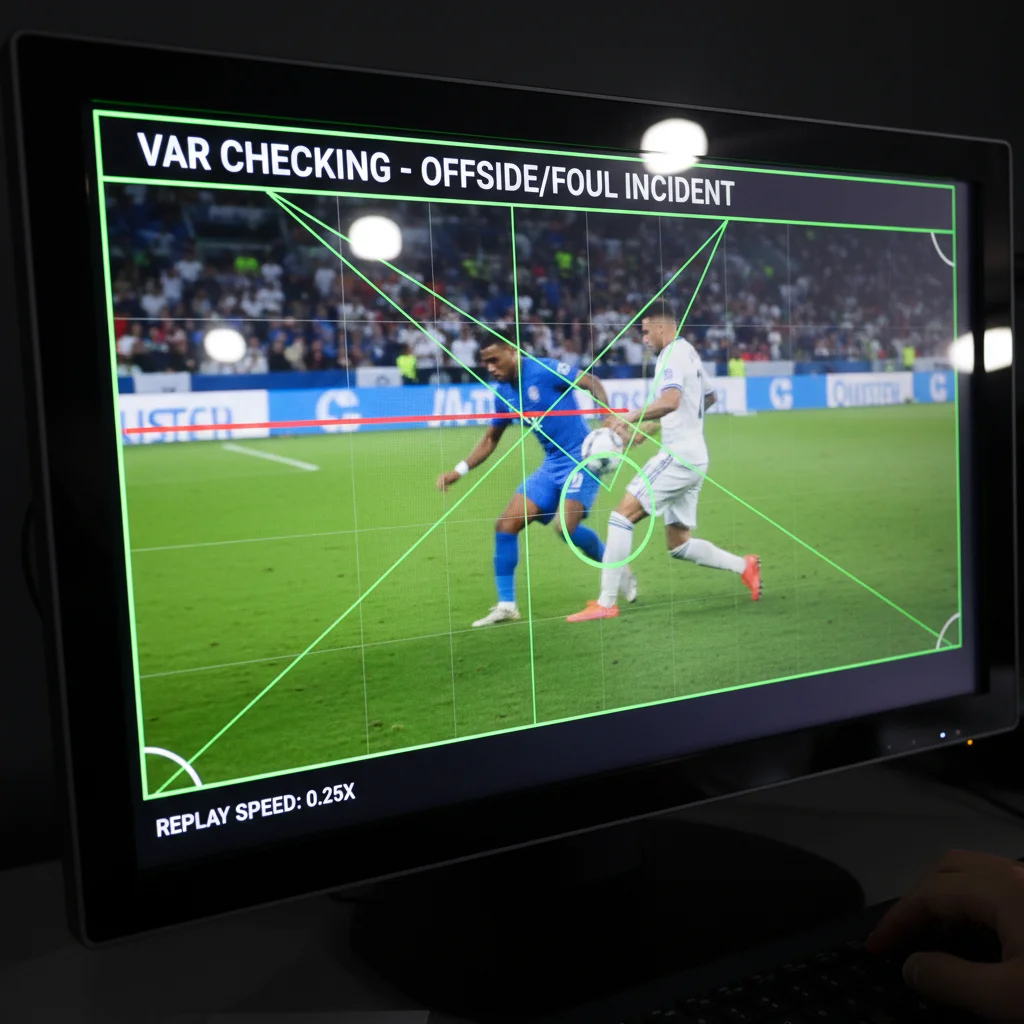 Tela do VAR exibindo replay de lance polêmico com linhas de impedimento.