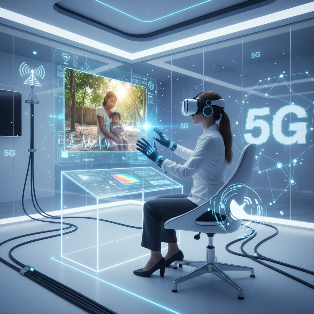 Médico brasileiro realizando teleconsulta em realidade virtual com paciente rural, ilustrando telemedicina 5G.