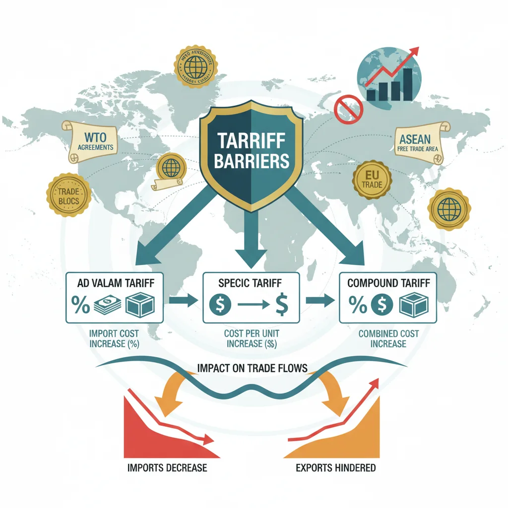 Gráfico detalhando os tipos de barreiras tarifárias e seu impacto no comércio internacional.