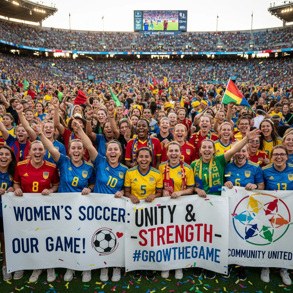 Torcedoras animadas e diversas celebrando uma partida de futebol feminino, exibindo apoio e paixão pela modalidade.