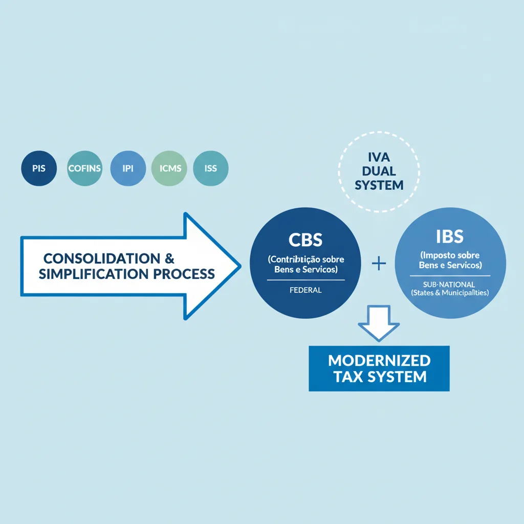 Infográfico explicando a transição de impostos atuais para o novo IVA Dual da Reforma Tributária.