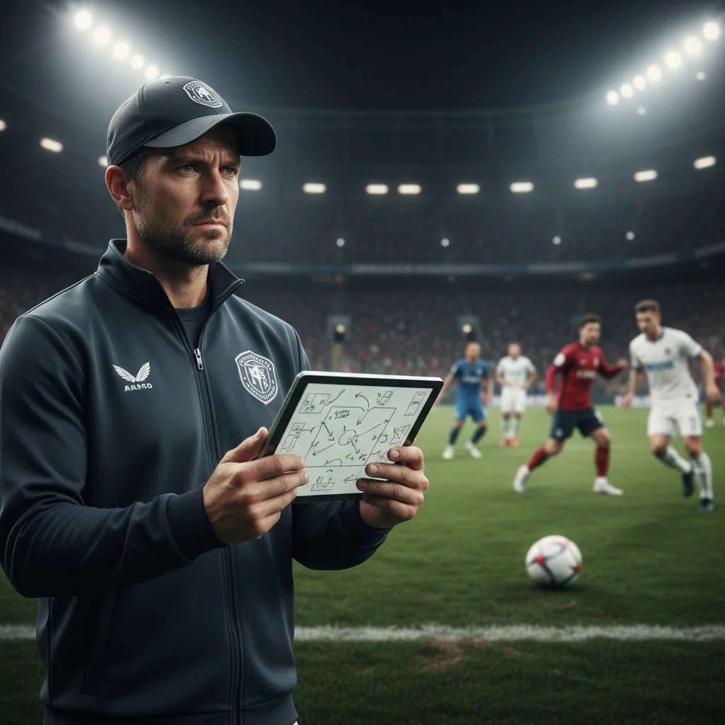 Treinador de futebol observando o jogo na lateral do campo, com tablet e anotações táticas.