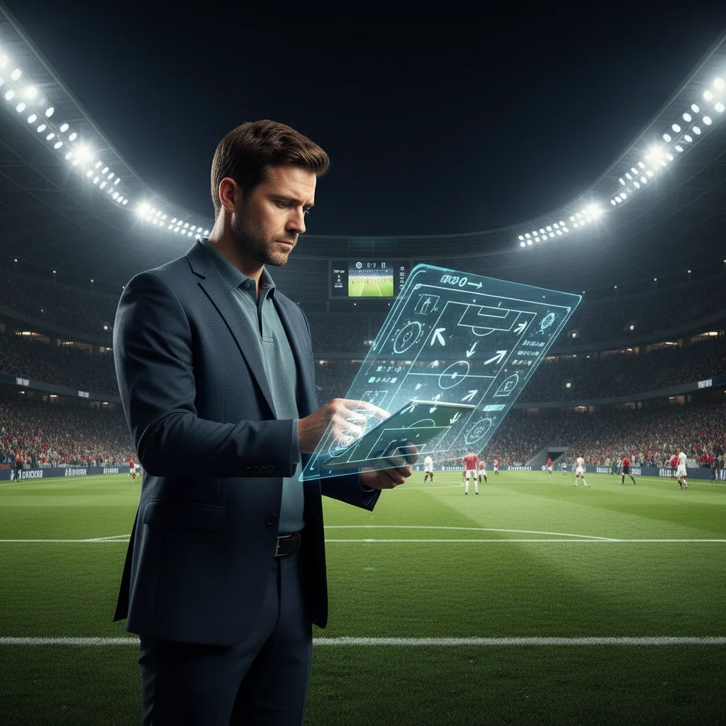 Treinador de futebol analisando o jogo com tablet na lateral do campo.
