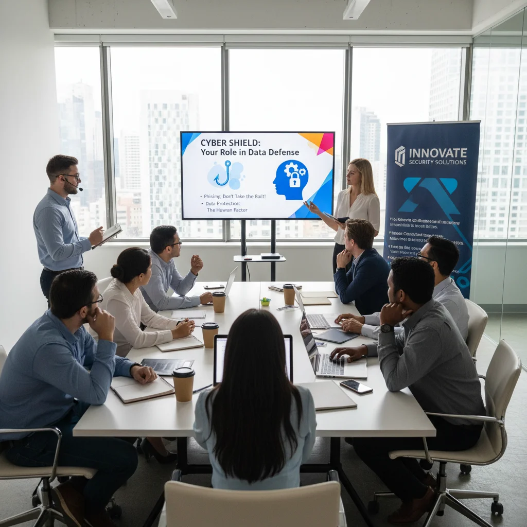 Colaboradores de PME em treinamento de conscientização sobre segurança cibernética, aprendendo sobre proteção de dados.