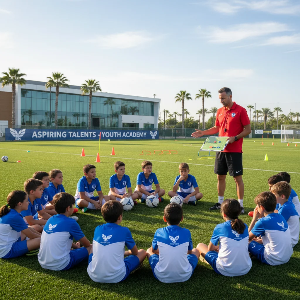 Jovens jogadores de futebol em treinamento ouvindo o técnico, mostrando foco e trabalho em equipe na base.