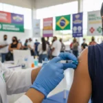 Vacinação Gripe: Brasil Atinge 70% da Meta em 3 Semanas Profissional de saúde aplicando vacina contra a gripe no braço de um paciente em uma clínica de vacinação no Brasil.