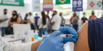 Profissional de saúde aplicando vacina contra a gripe no braço de um paciente em uma clínica de vacinação no Brasil.